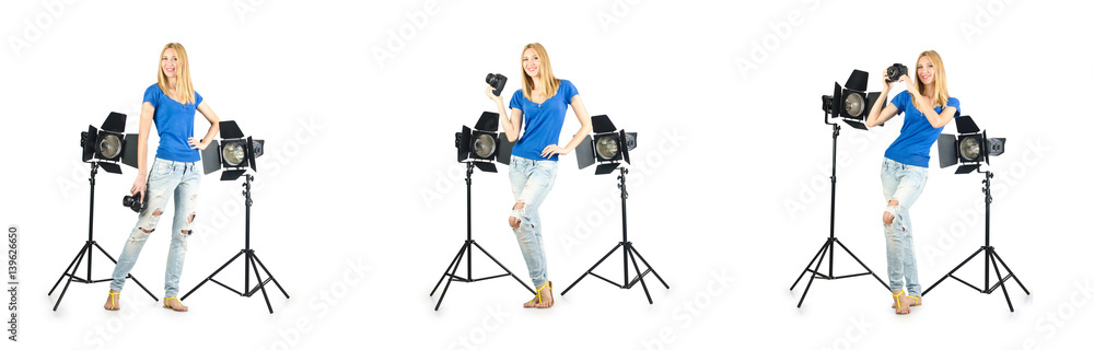 Woman during photo photosession on white