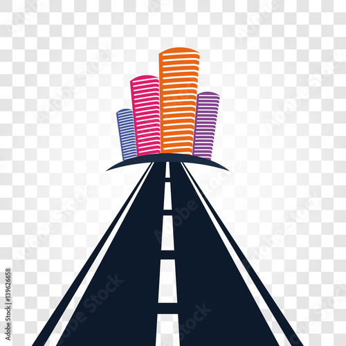 Isolated abstract empty highway with dividing marking and colorful cityscape on checkered background vector illustration.