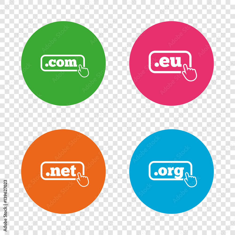 Top-level domains signs. Com, Eu, Net and Org. Top-level domains signs. Com, Eu, Net and Org.