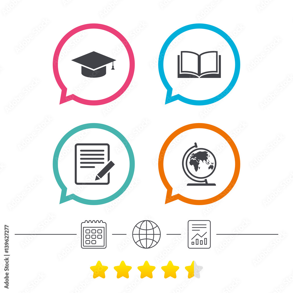 Pencil and open book signs. Graduation cap icon. Pencil and open book signs. Graduation cap icon.