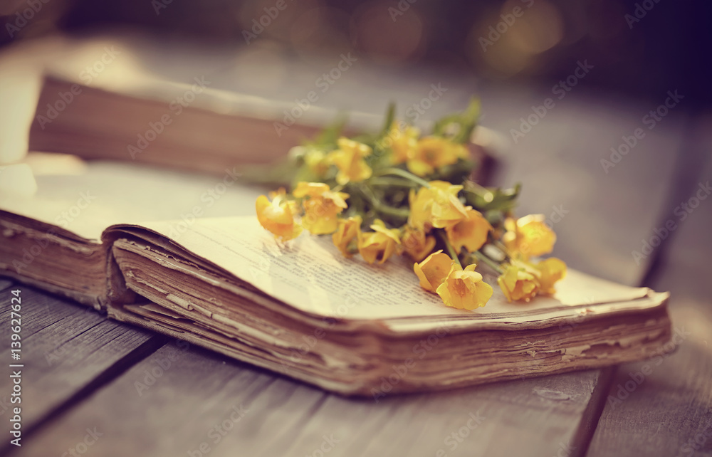 Old open book and yellow buttercups Old open book and yellow buttercups