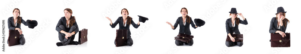 Businesswoman begging some money on white