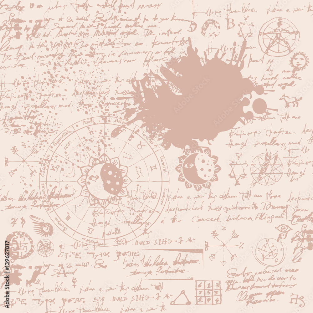 Vector texture with constellations and signs of the zodiac and the text with stains and splashes
