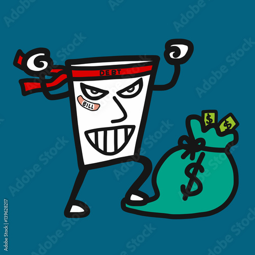 Bill paper beating saving money bag cartoon illustration, business concept