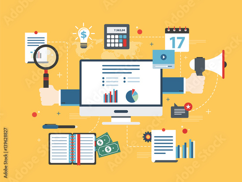 Flat design vector illustration concept of financial investment, analytics with growth report.