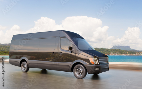 Black Commercial Van on Coastal Road Motion Blurred 3d Illustration