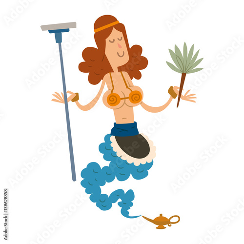 genie djinn cleaning girl character magic lamp flat vector illustration treasure arabian aladdin miracle coming out on white background housekeeping