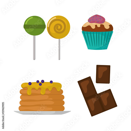 Sweets food bakery dessert sugar confectionery lollipop design and snack chocolate cake colorful holiday candy caramel icon vector illustration.