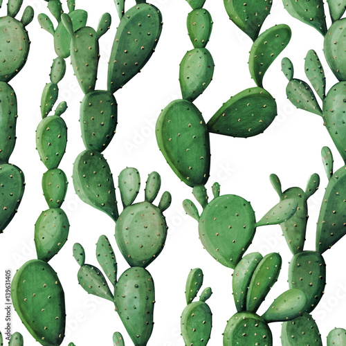 Watercolor cactus tropical garden seamless pattern.