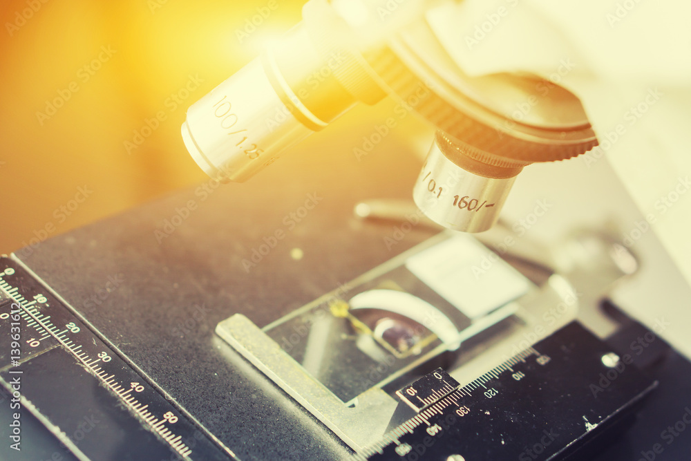 medical laboratory, scientist hands using microscope for chemistry test ...