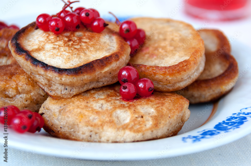Pancakes with berries red currant, dessert for breakfast Pancakes with berries red currant, dessert for breakfast