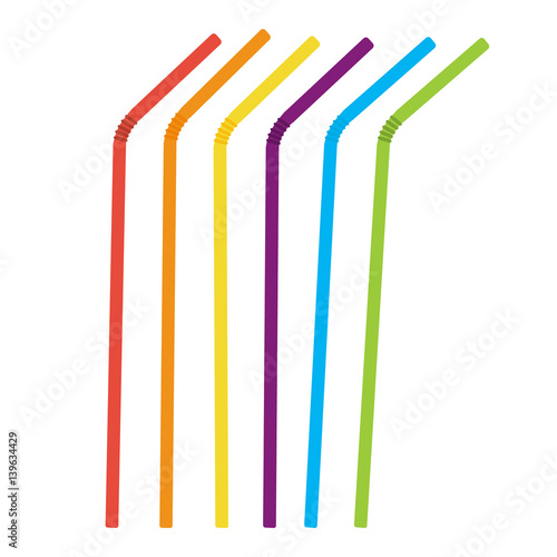 Plastic straws for cocktail set. Orange, red, blue, yellow, green, violet straws. Vector illustration