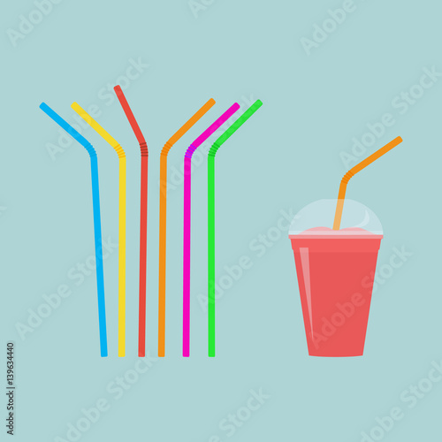 Plastic straws for cocktail set. Red cup of drink with straw. Orange, red, blue, yellow, green, violet straws. Vector illustration