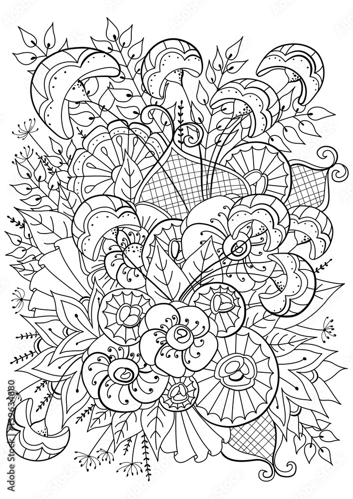 Hand drawn backdrop. Coloring book, page for adult and older children. Black and white abstract floral pattern. 
