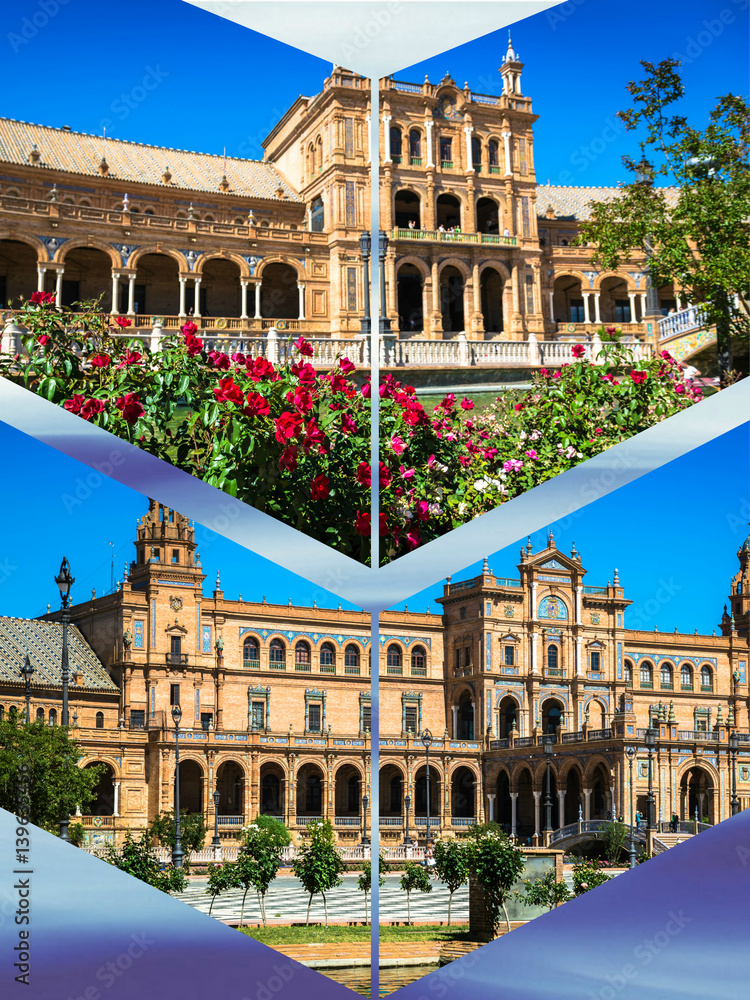 Collage of Plaza de Espana Seville, Andalusia, Spain, 