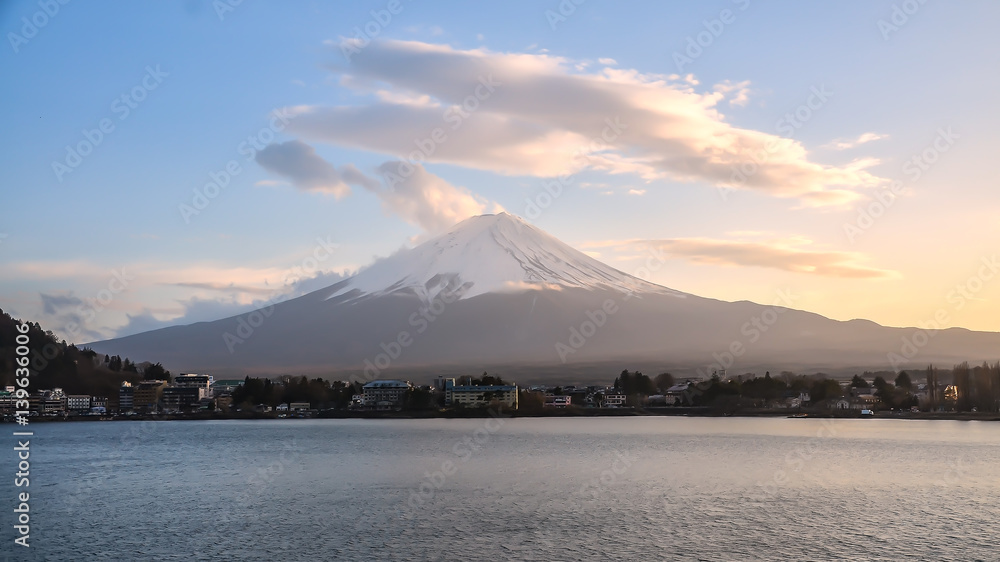 Mt. Fuji in the early morning which is viewed from lake Kawaguchi, Yamanashi, Japan