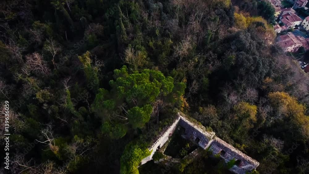Aerial shot, an abandoned perched castle Castello di Ripafratta in Tuscany, Italy, 4K Aerial shot, an abandoned perched castle Castello di Ripafratta in Tuscany, Italy, 4K