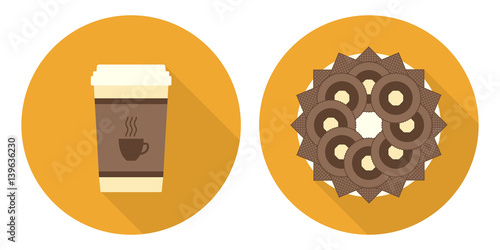 Flat vector cup of coffee, plate with cookies and wafers