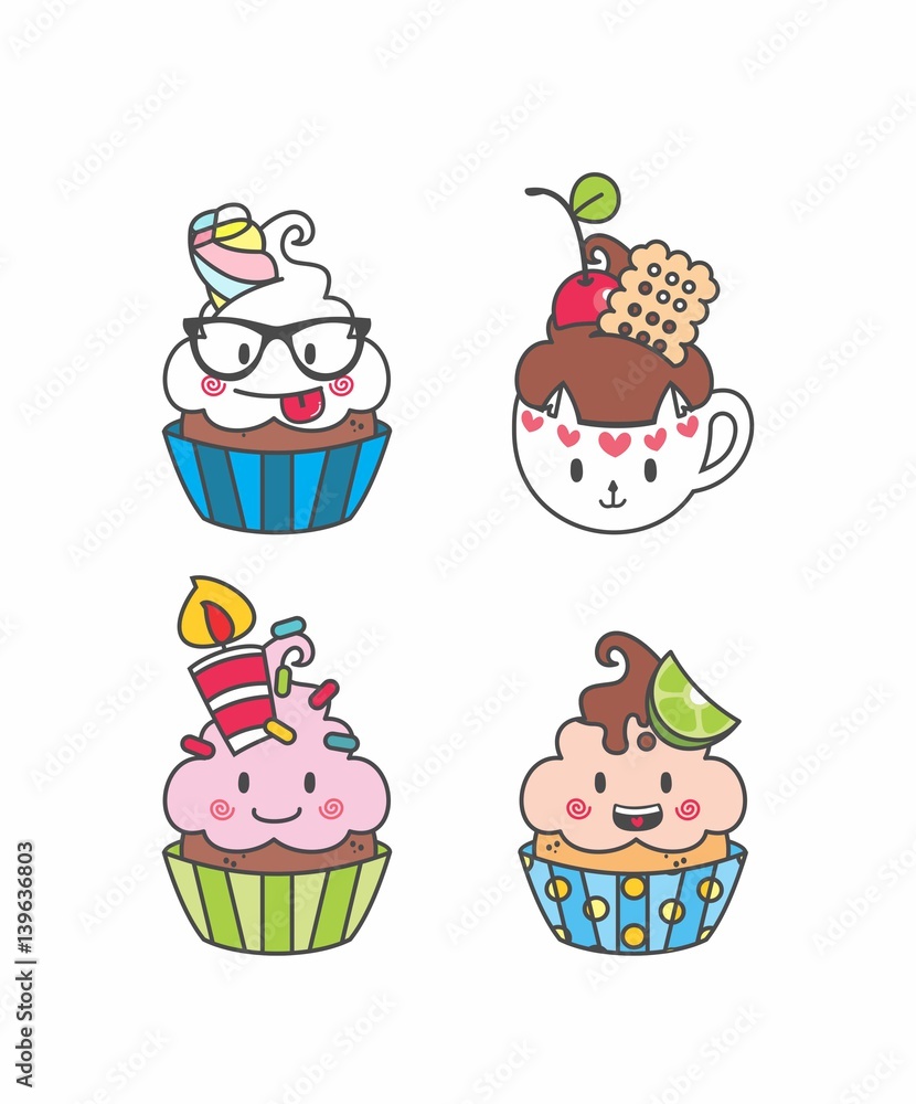 Set Cupcake kawaii geek, desenho cupcake, bolo de copo, bolinhos, emotions, elementos, doce 01