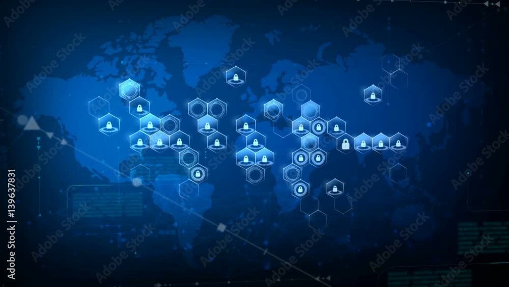 World map with honeycomb grid and lock security and futuristic concept World map with honeycomb grid and lock security and futuristic concept