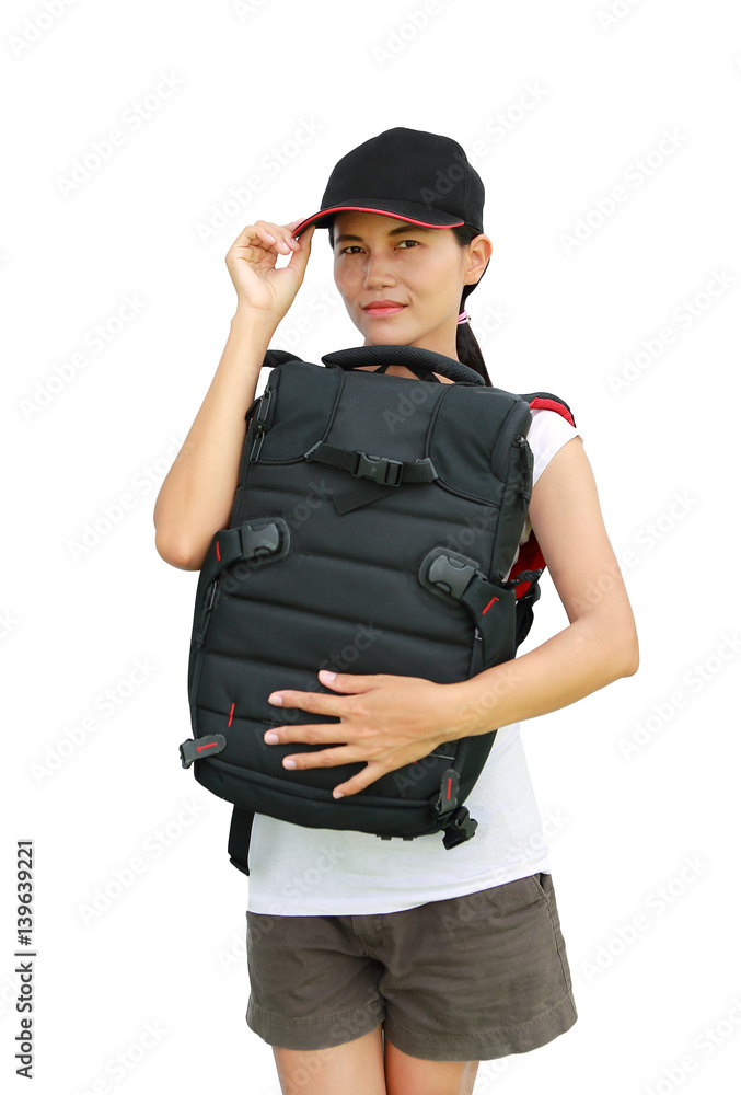 Portrait of young woman traveler with bag going on a journey on white background Portrait of young woman traveler with bag going on a journey on white background