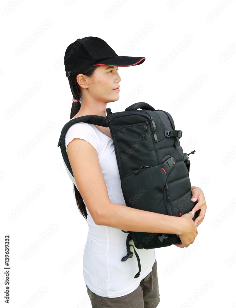 Portrait of young woman traveler with bag going on a journey on white background Portrait of young woman traveler with bag going on a journey on white background