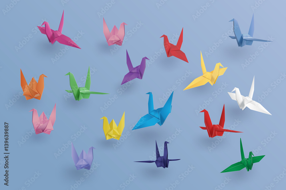 set of paper birds on blue background.the art of origami - obrazy, fototapety, plakaty 