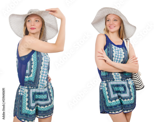 Collage of woman with panama hat isolated on white photo