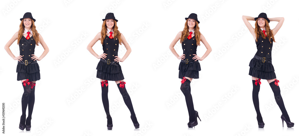 Young woman in black costume isolated on white