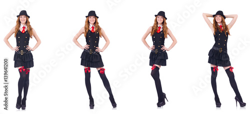 Young woman in black costume isolated on white