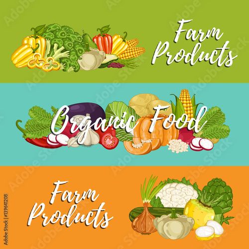 Organic vegetable farming flyers set vector illustration. Locally grown vegetable, vegan retail, fresh product. Healthy farm food advertising with broccoli, potato, pumpkin, cabbage, tomato, radish