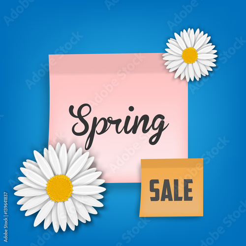 Spring Sale on pink sticky. Vector illustration