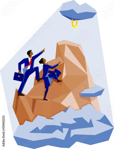 hispanic or latino businessman and businesswoman climb mountain to reach brass ring of success, abstract vector illustration
