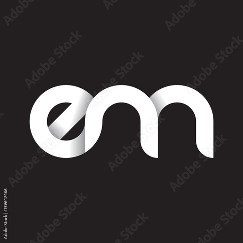 Initial lowercase letter em, linked circle rounded logo with shadow gradient, white color on black background