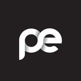 Initial lowercase letter pe, linked circle rounded logo with shadow gradient, white color on black background