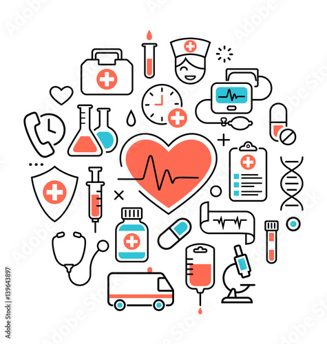 Health Heart Care Concept Medical Icons Signs Isolated on White 