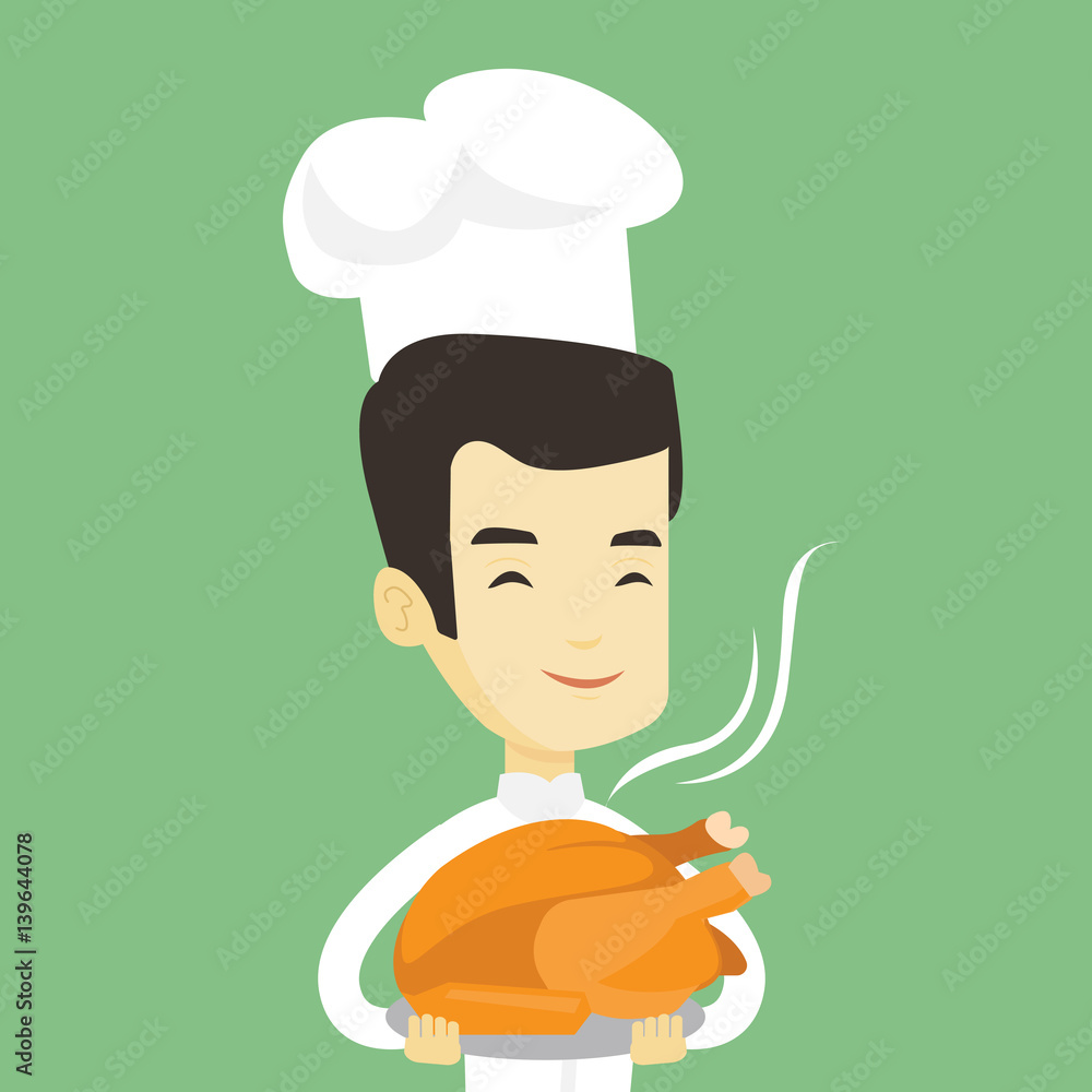 Chief cook holding roasted chicken. Chief cook holding roasted chicken.