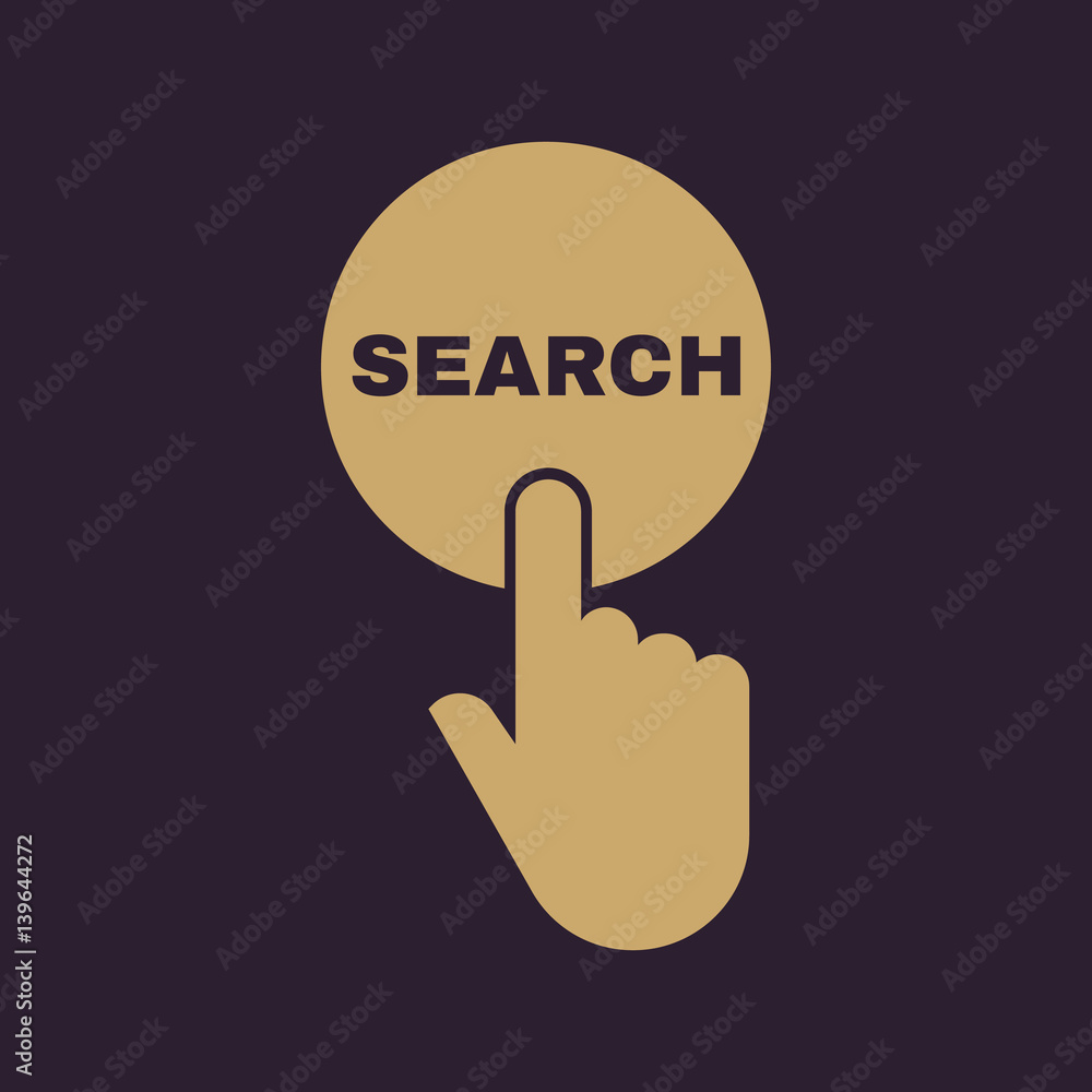 Hand pressing a button with the text SEARCH icon. Seek, look symbol. Flat design. Stock - Vector illustration Hand pressing a button with the text SEARCH icon. Seek, look symbol. Flat design. Stock - Vector illustration