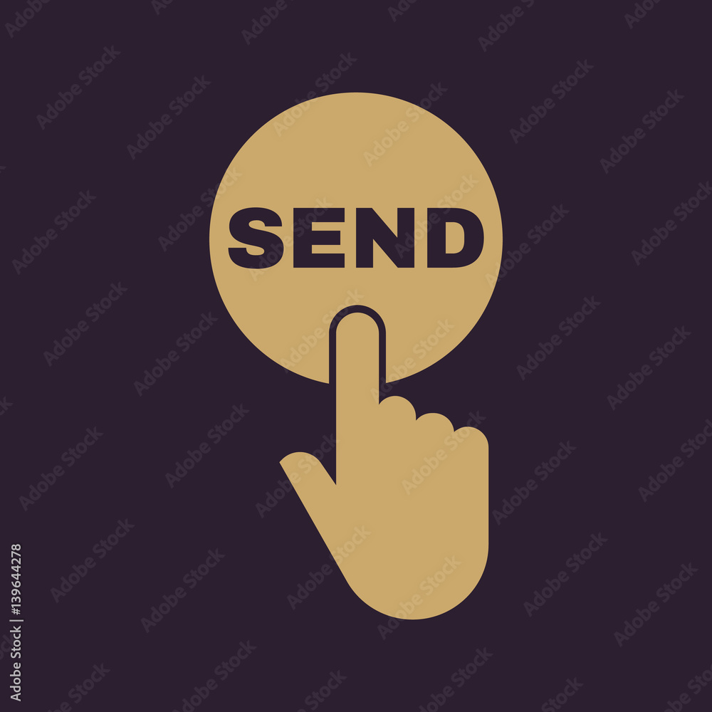 Hand pressing a button with the text SEND icon. Send, submit, ship, dispatch symbol. Flat design. Stock - Vector illustration Hand pressing a button with the text SEND icon. Send, submit, ship, dispatch symbol. Flat design. Stock - Vector illustration