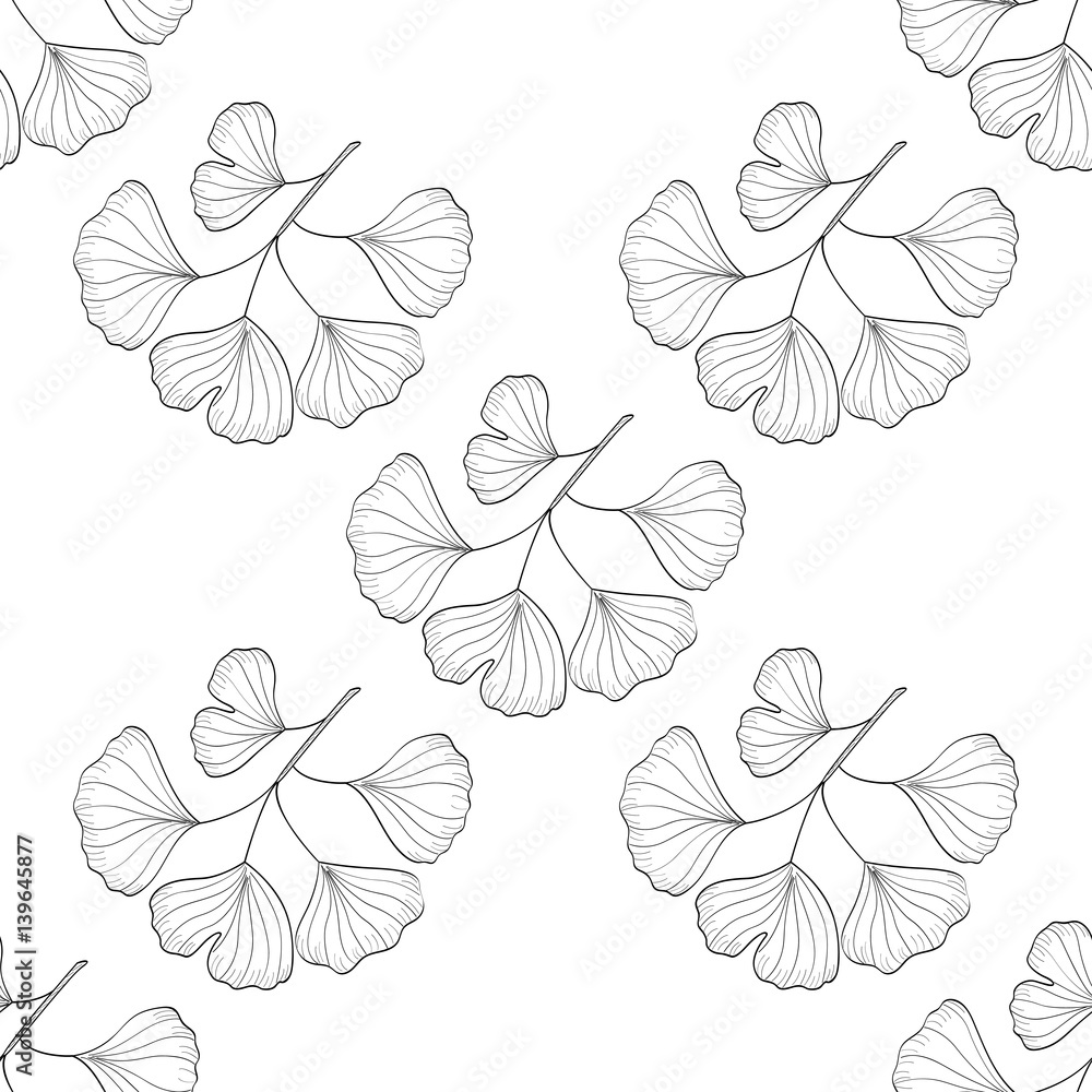 Ginkgo Biloba plant, leaf, branch. Seamless pattern, medicinal plant. Hand drawn sketch illustration. Ingredient for hair and body care cream, lotion, treatment.
