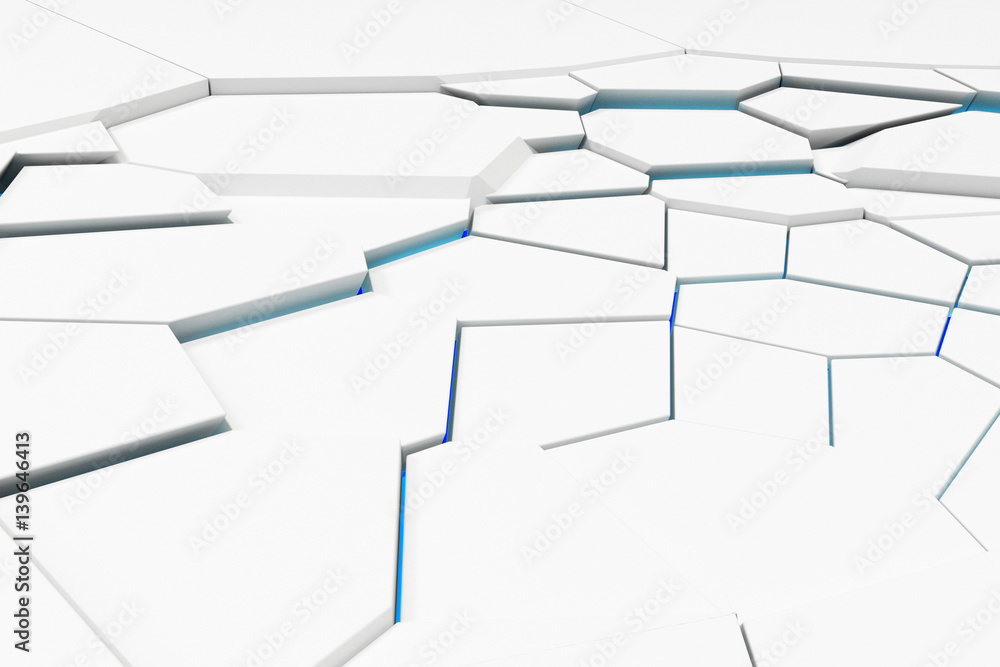 White fractured surface with colored glowing lines White fractured surface with colored glowing lines