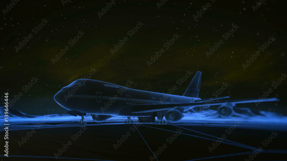 airliner on the runway in the mountains. Night sky. Transition wireframe hologram to photorealistic render.