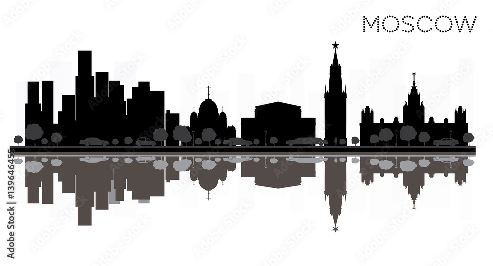 Moscow City skyline black and white silhouette with Reflections.