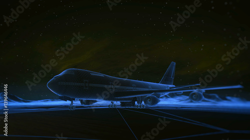 airliner on the runway in the mountains. Night sky. Transition wireframe hologram to photorealistic render.