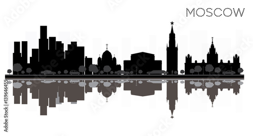 Moscow City skyline black and white silhouette with Reflections.