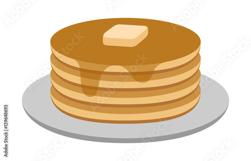Breakfast pancakes with syrup and butter on a plate flat color icon for food apps and websites