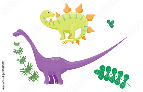 Cartoon dinosaurs diplodocus vector illustration isolated monster animal dino prehistoric character reptile predator jurassic fantasy dragon leaf