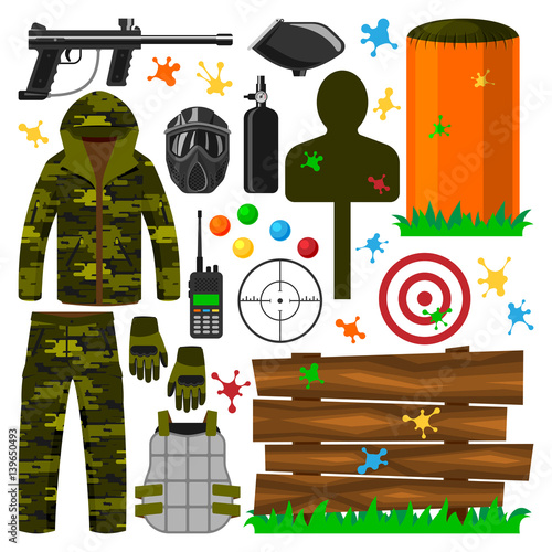 Set of paintball club symbols icons protection uniform, sport game equipment target vector illustration