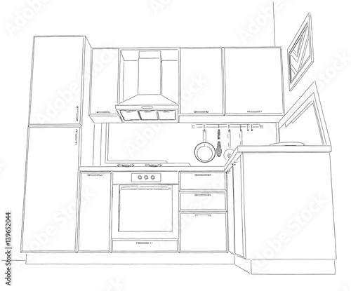 Small corner kitchen interior sketch 3d illustration.