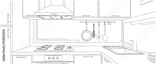 Contemporary corner kitchen interior sketch with abstract painting on the wall.